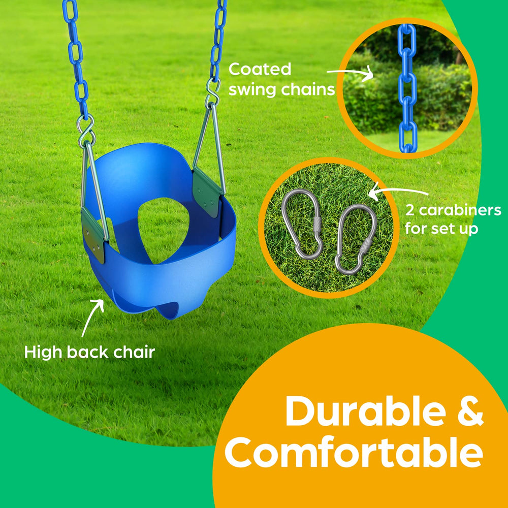 Jungle Gym Kingdom toddler swing fully assembled setup on backyard playset.