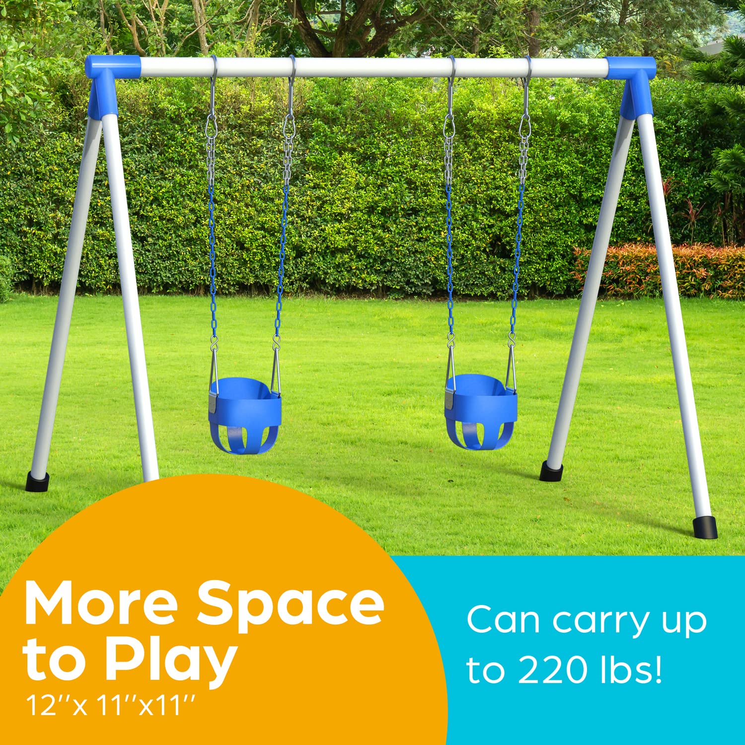 Jungle Gym Kingdom toddler swing high-back bucket design for added support.
