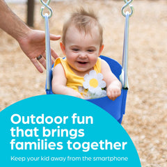 Jungle Gym Kingdom toddler swing outdoor playtime in sunny garden.