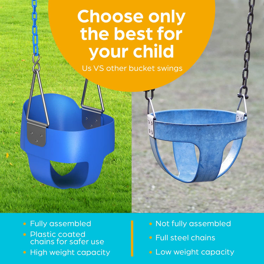 Jungle Gym Kingdom toddler swing pinch-free handholds highlight safety feature.