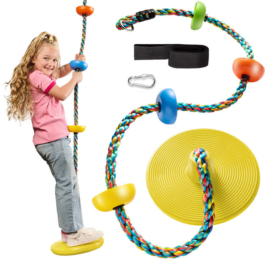 Jungle Gym Kingdom tree swing disc seat in yellow enables active outdoor play.
