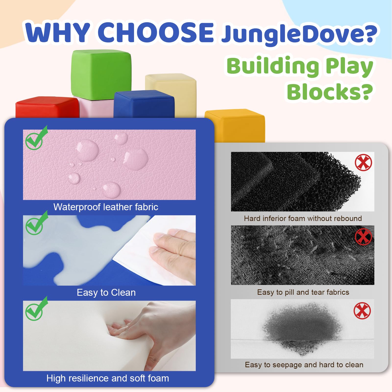 JungleDove waterproof PU leather blocks with easy wipe-clean surface.