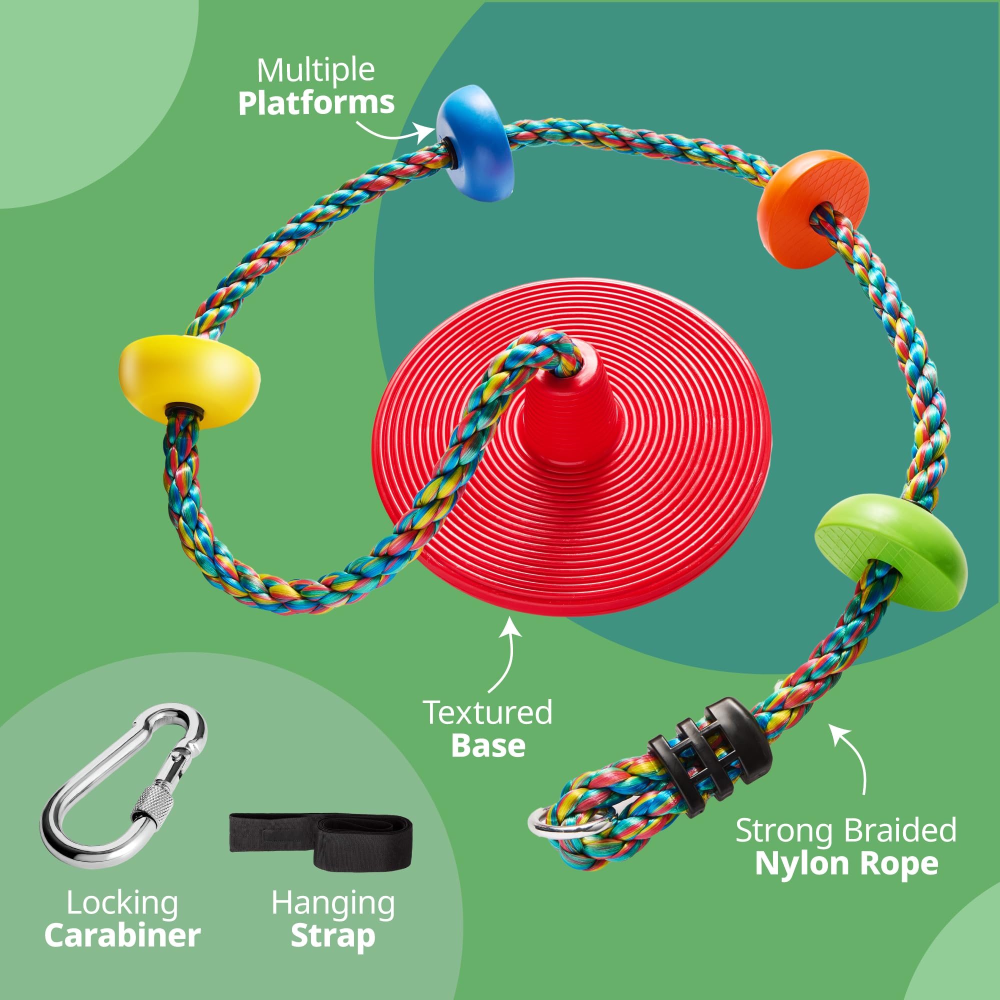 Jungle Gym Kingdom four-foot strap helps adjust swing height for lasting fun.