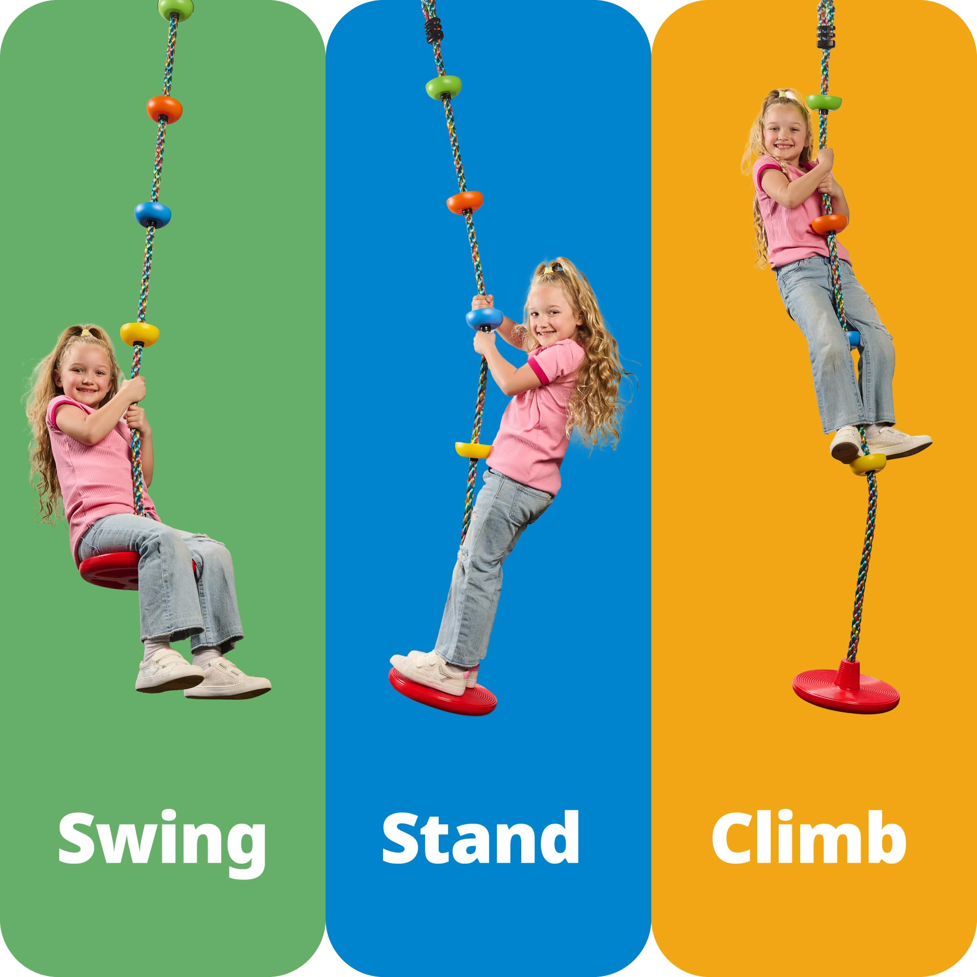 Jungle Gym Kingdom rainbow climbing rope adds colorful, versatile play for growing kids.