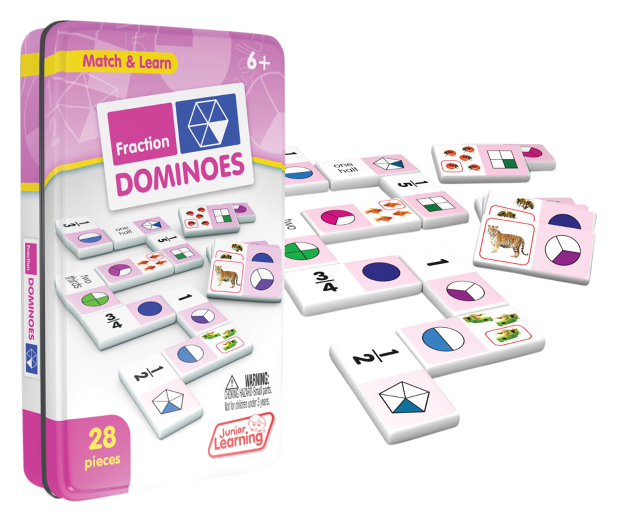 Junior Learning JL485 fraction dominoes set in tin for organized, easy play.