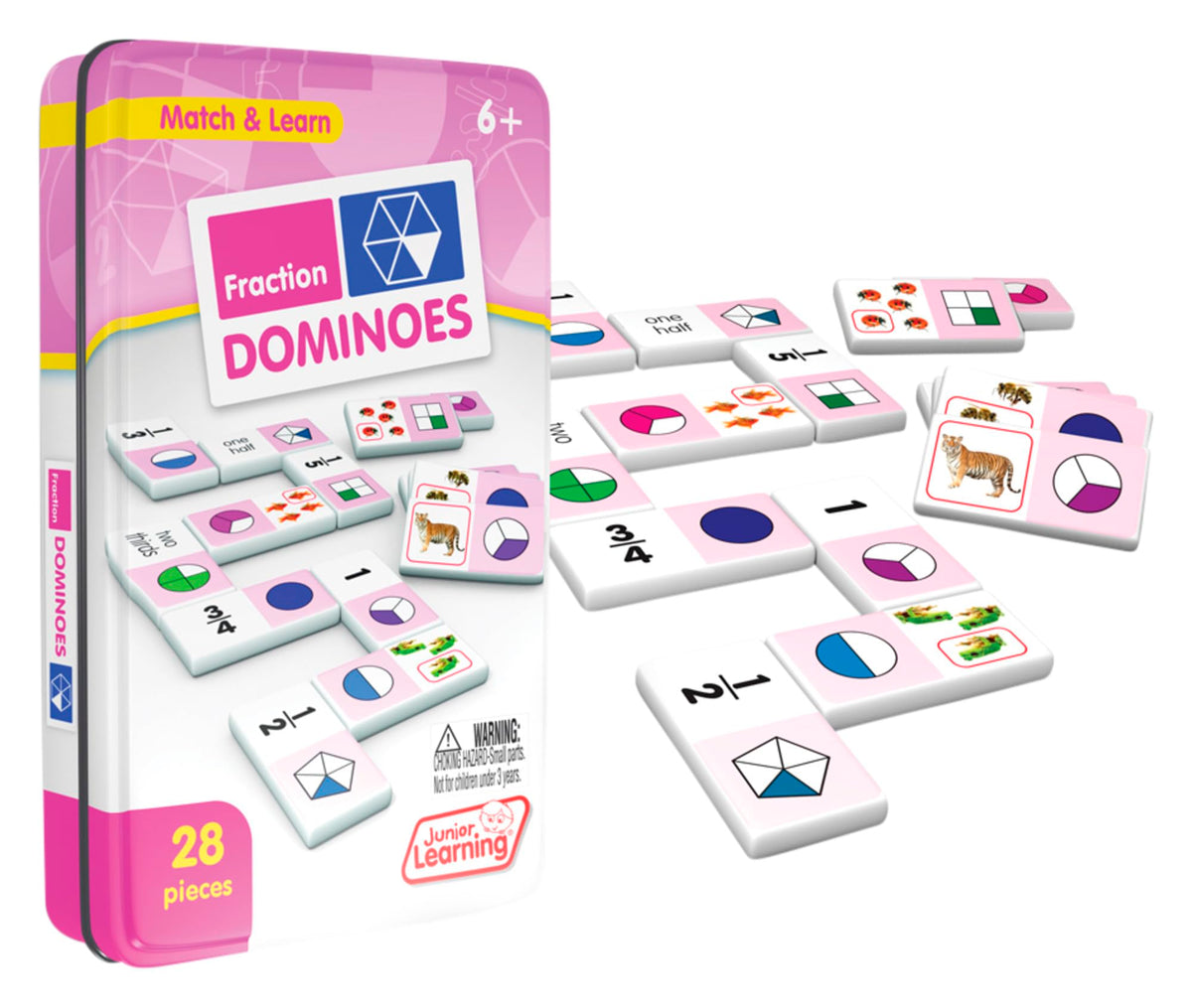 Junior Learning JL485 fraction dominoes set in tin for organized, easy play.