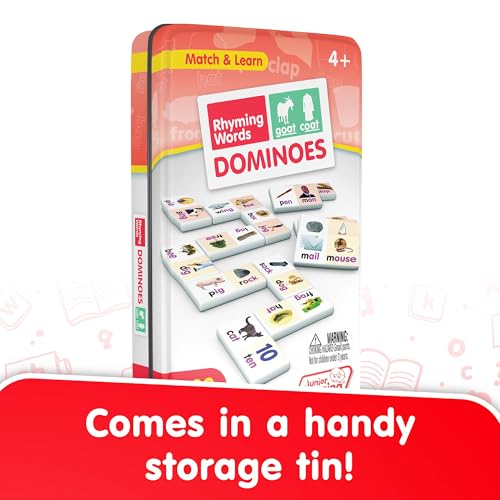 Box packaging of Junior Learning Rhyming Word Dominoes for easy storage and transport.