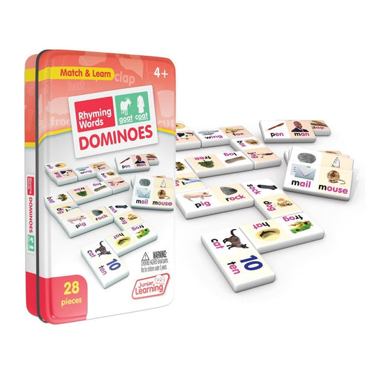 Junior Learning Rhyming Word Dominoes tiles close-up for engaging early literacy practice.