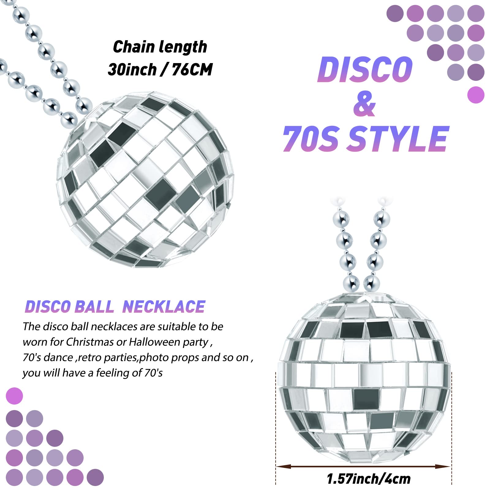Junkin disco ball necklace features a 30 inch chain for easy wear at celebrations.