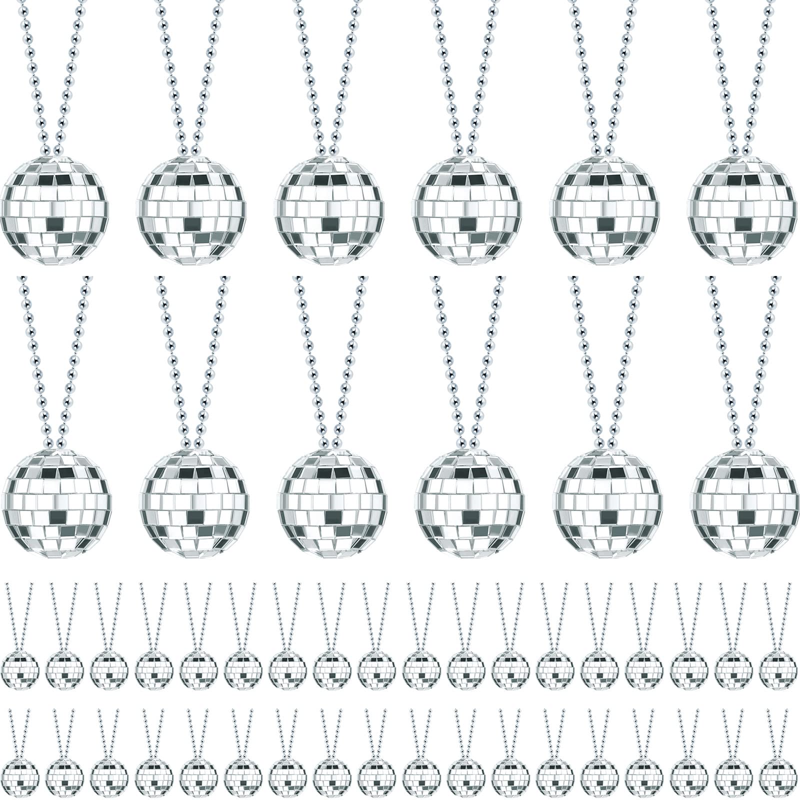 Junkin disco ball necklace with a 4 cm silver mirror ball reflecting vibrant light, ideal for parties.