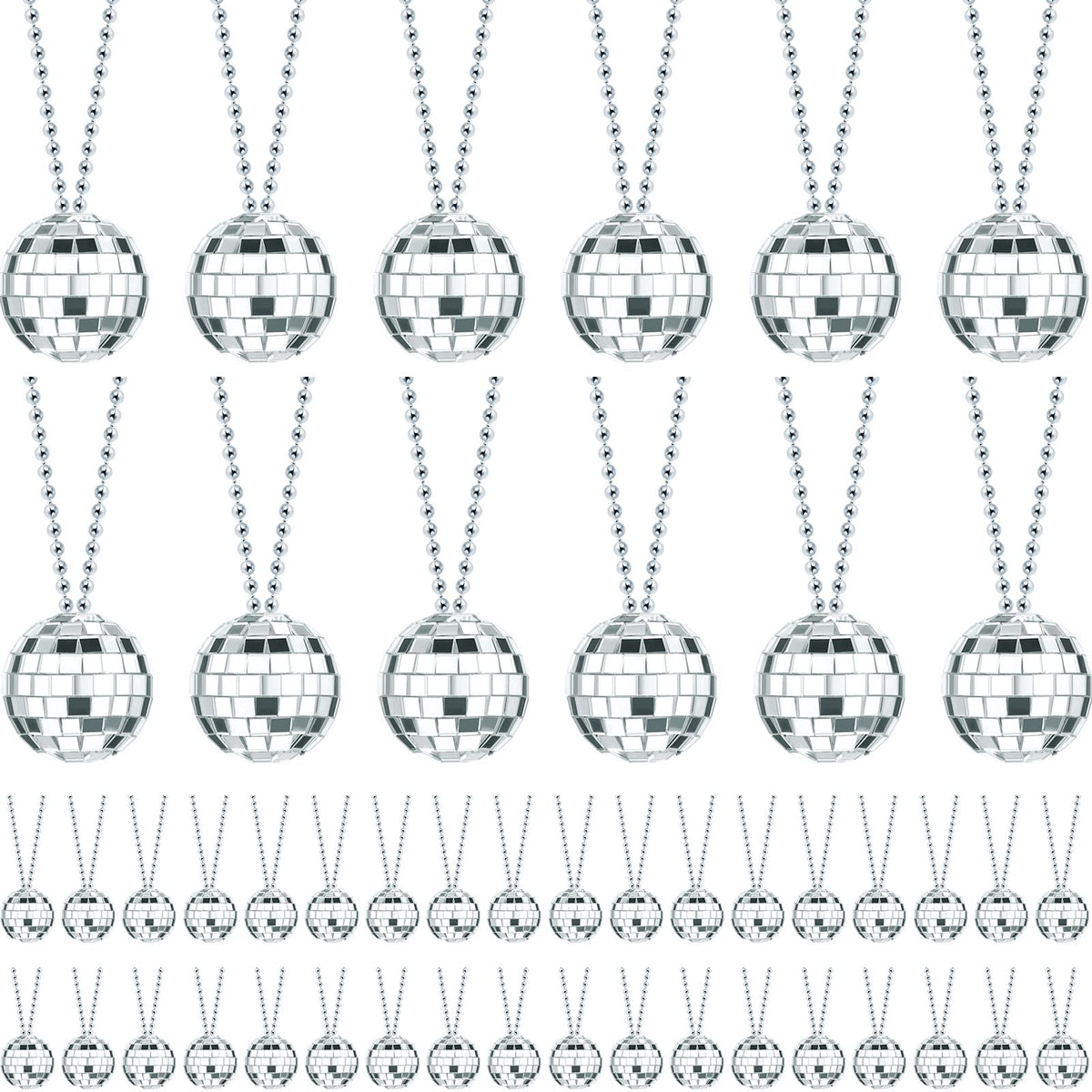 Junkin disco ball necklace with a 4 cm silver mirror ball reflecting vibrant light, ideal for parties.