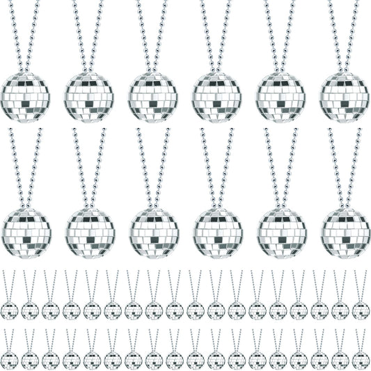 Junkin disco ball necklace with a 4 cm silver mirror ball reflecting vibrant light, ideal for parties.