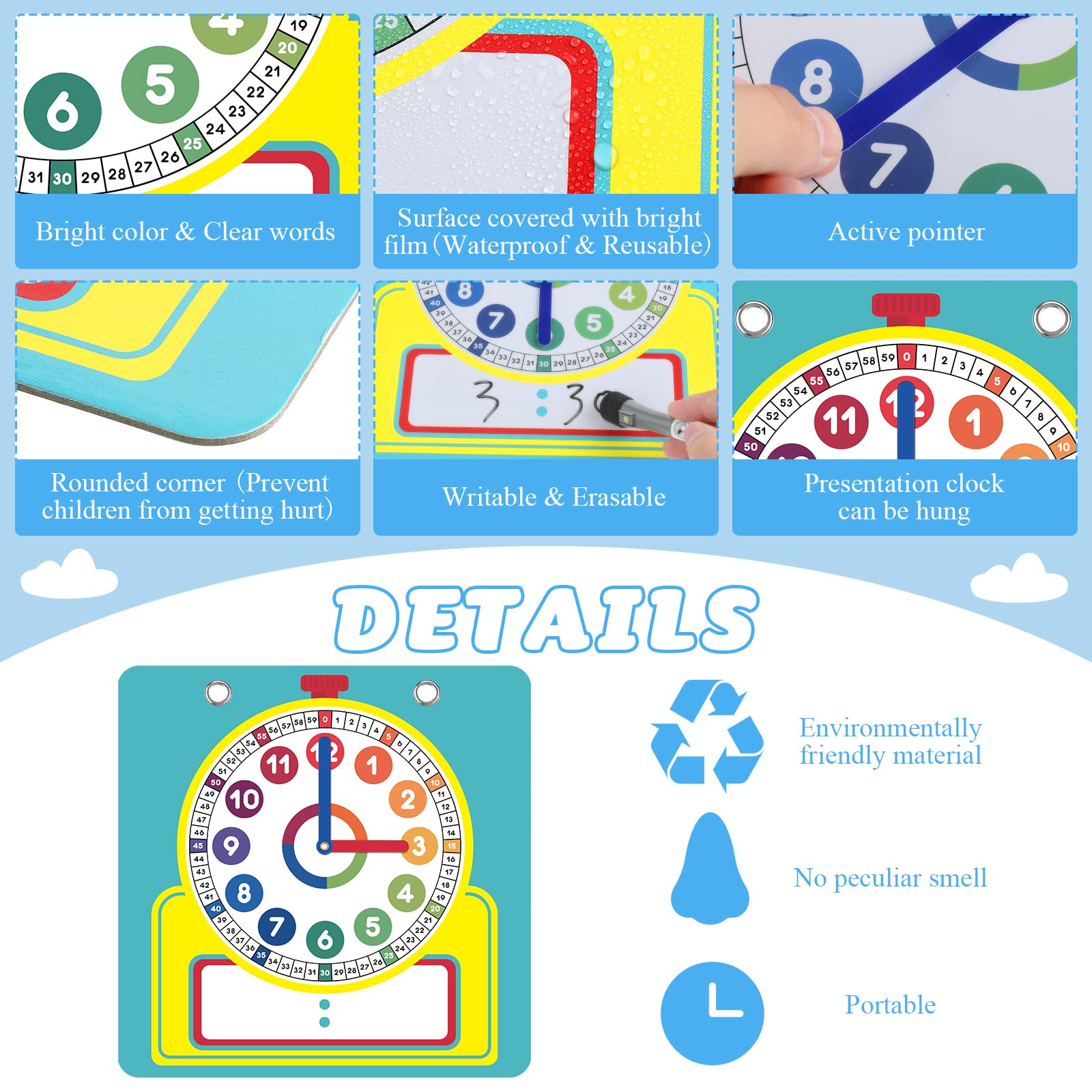 Junkin erasable surface clock is wipe-clean for repeated lessons.