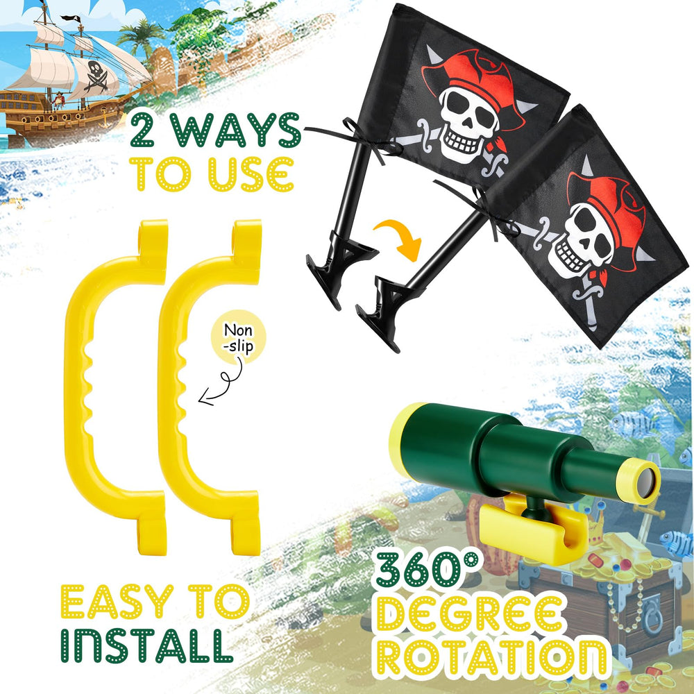 Junkin pirate flag adds vibrant playset theme outdoors.