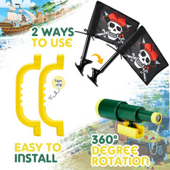 Junkin pirate flag adds vibrant playset theme outdoors.