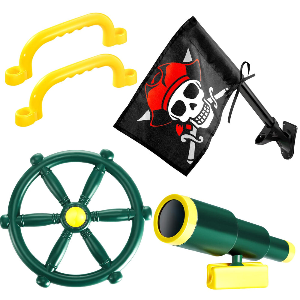 Junkin pirate steering wheel boosts imaginative outdoor play in the backyard swing set.