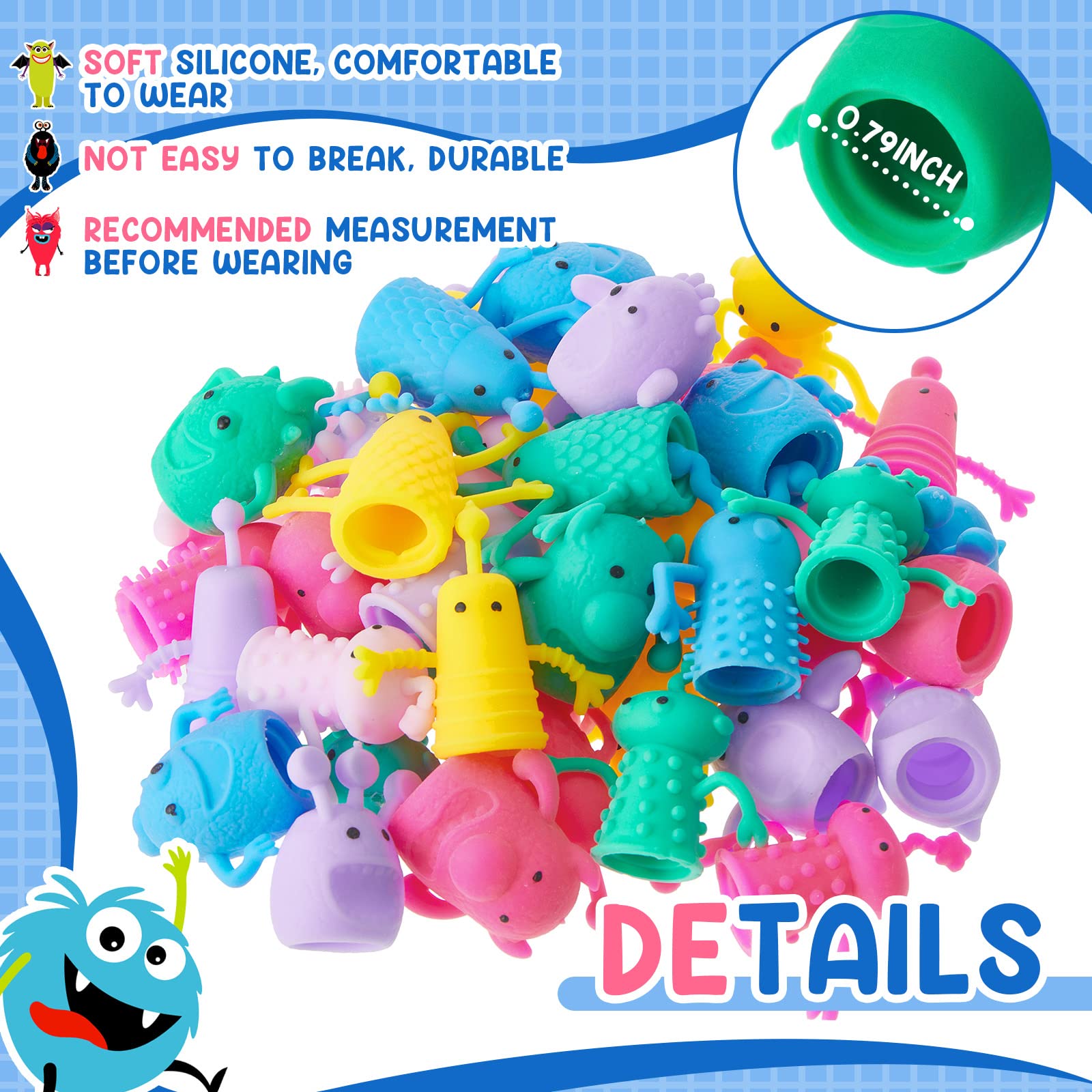 Junkin soft rubber finger puppets with flexible texture for safe, durable play.