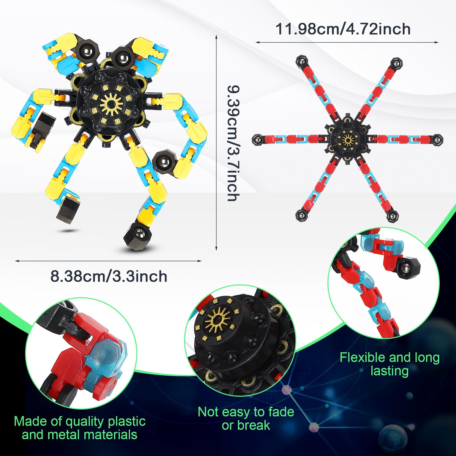 Junkin transformable chain robot finger toy with modular spins for focus
