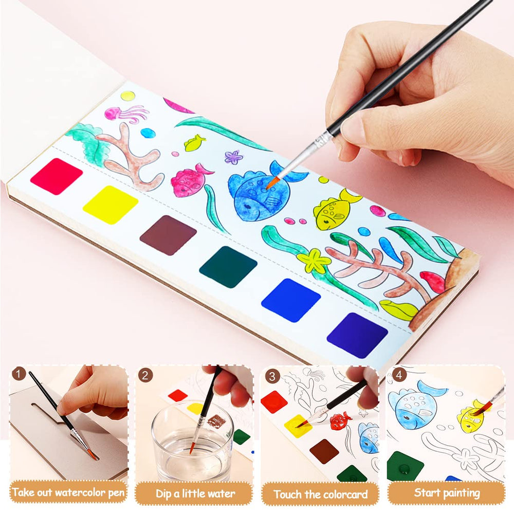 Junqiu US brushes stored in the book pad for mess-free painting on the go.
