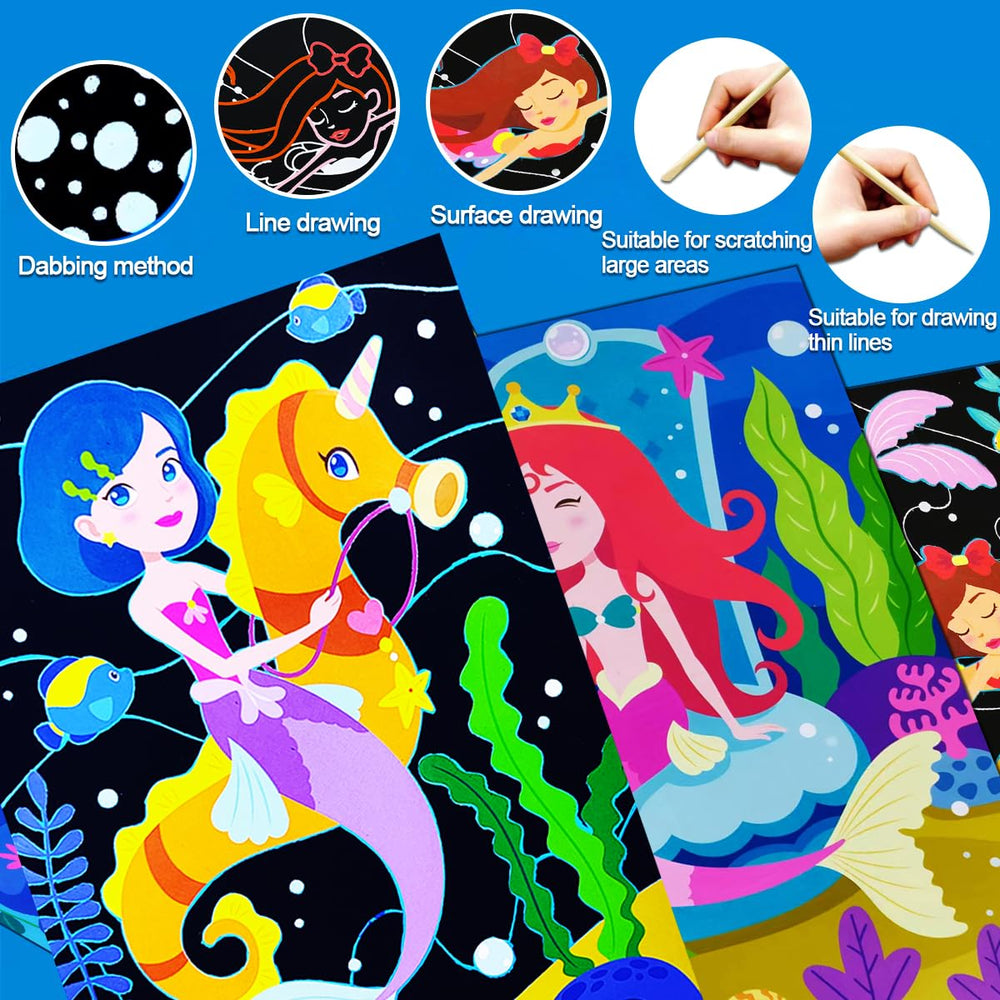 JUNQIU Scratch Art 8 Mermaid Sheets offer mess-free, imaginative art adventures for kids