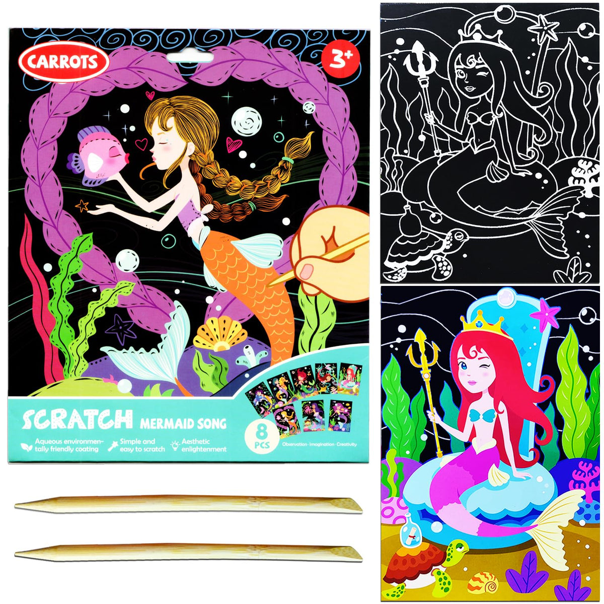 JUNQIU Scratch Art Mermaid Paper Set reveals vibrant colors with a wooden stylus for creative play