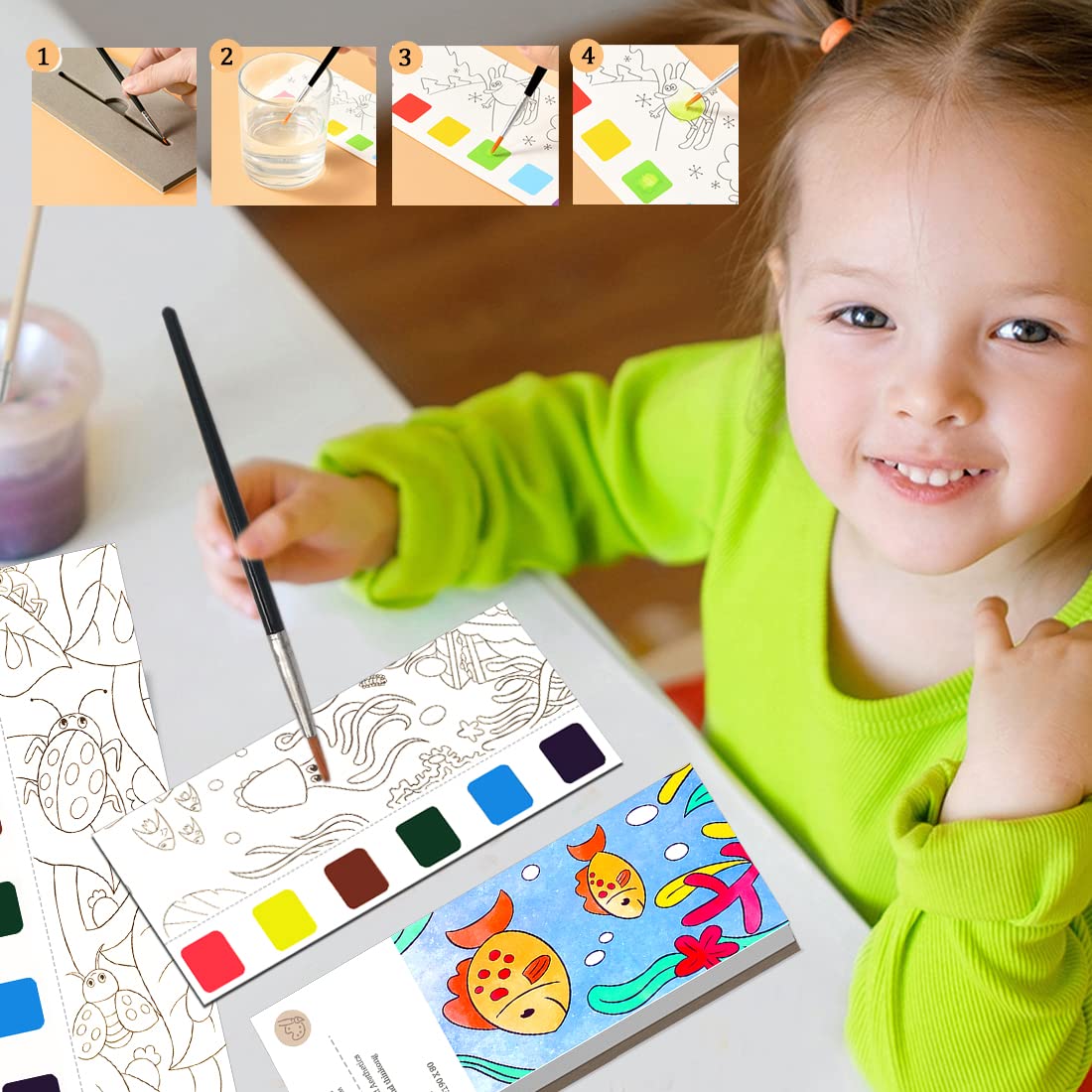 JUNQIU kids painting with the watercolor book, sparks colorful creativity anywhere.
