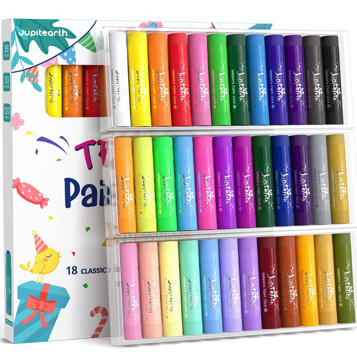 JUPITEARTH 36-color tempera sticks shown for vibrant kid-friendly art across a workspace.