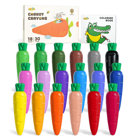 JUPITEARTH carrot-shaped crayons with leaf cap, easy grip for small hands.