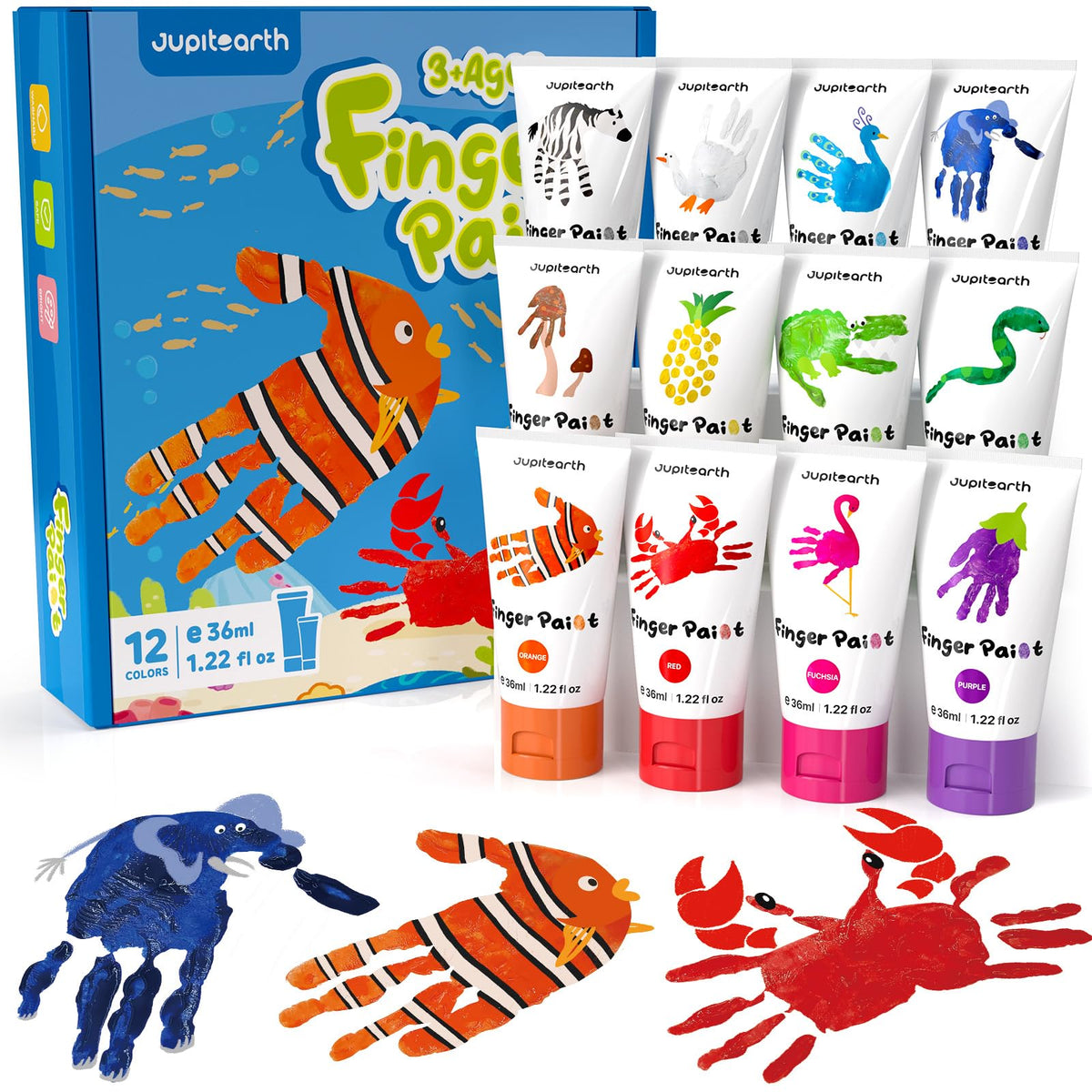 JUPITEARTH finger paints with 12 colors in easy-squeeze tubes for creative, washable fun