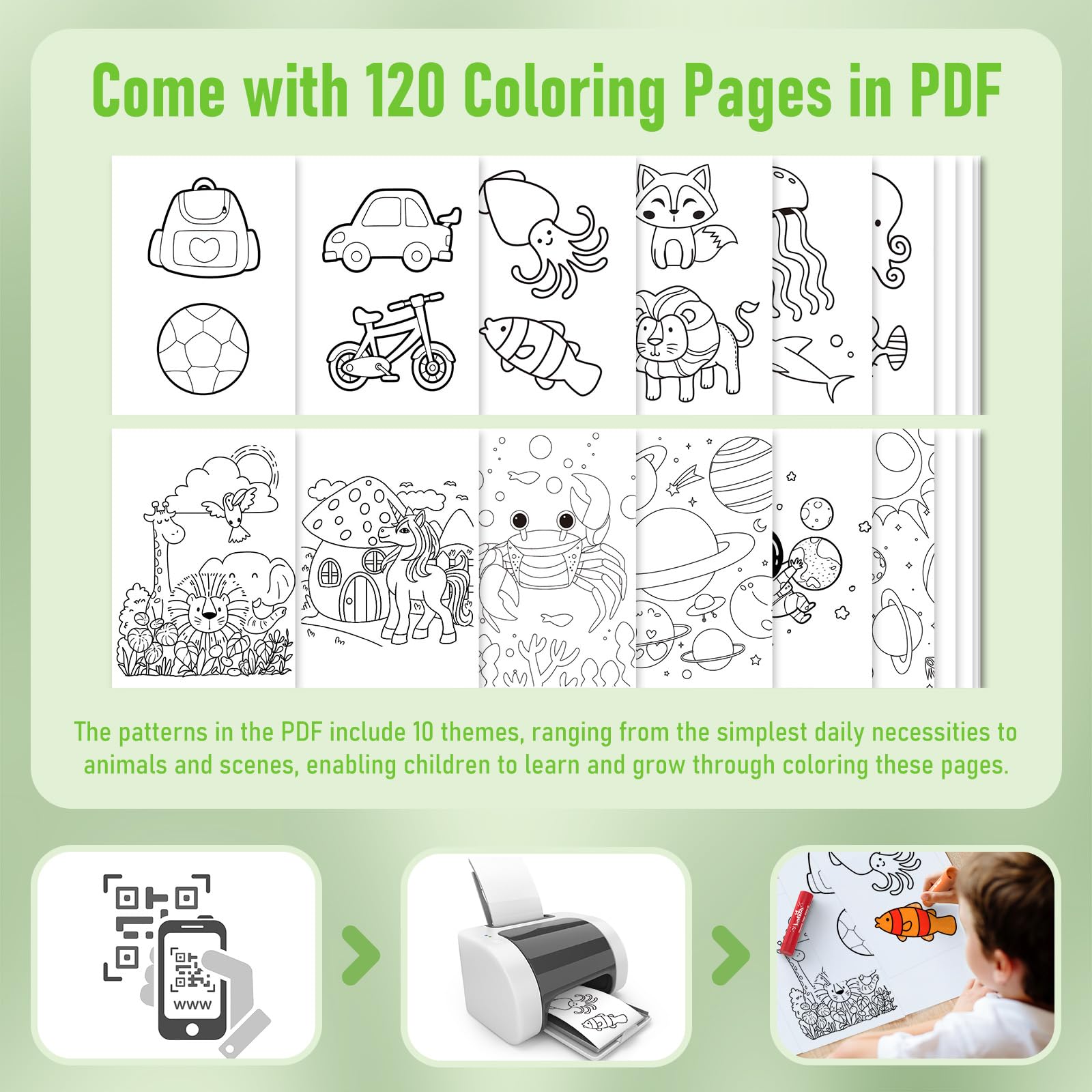 JUPITEARTH box screen shows QR code linking to 120 PDF coloring pages.