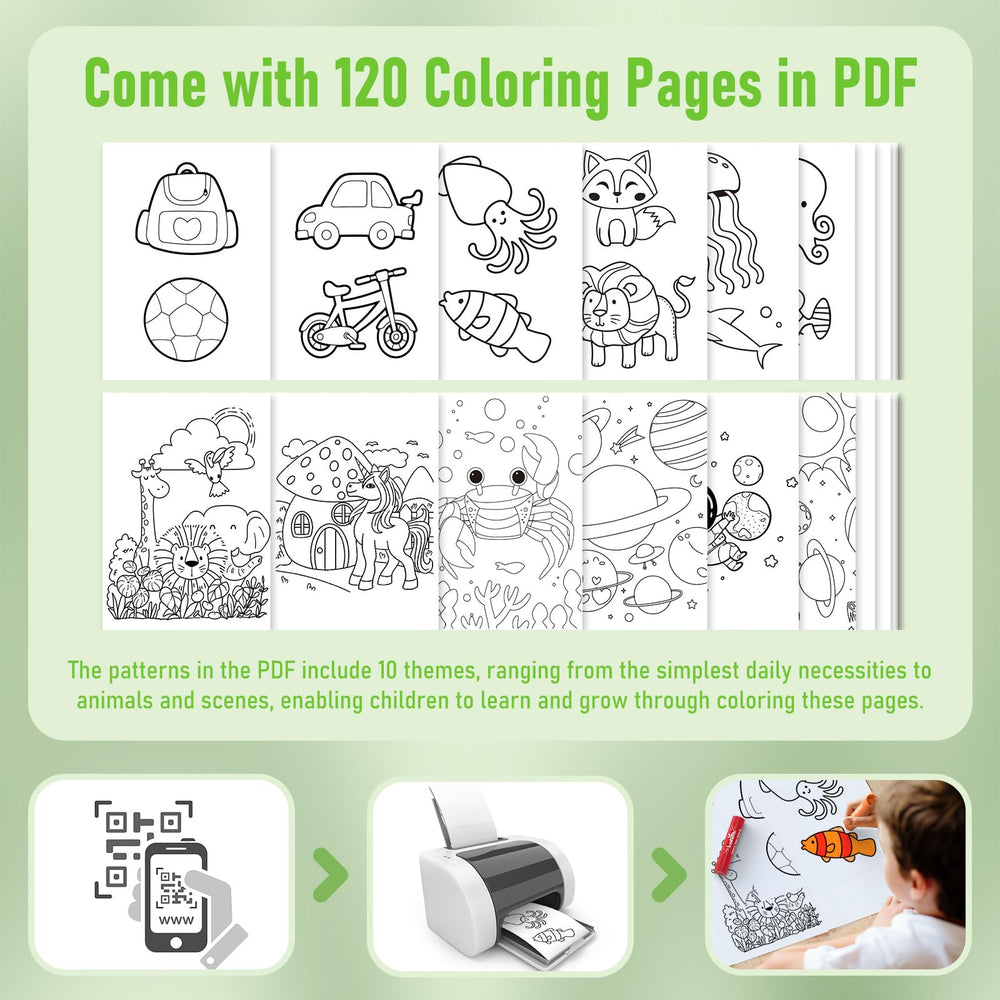 JUPITEARTH box screen shows QR code linking to 120 PDF coloring pages.