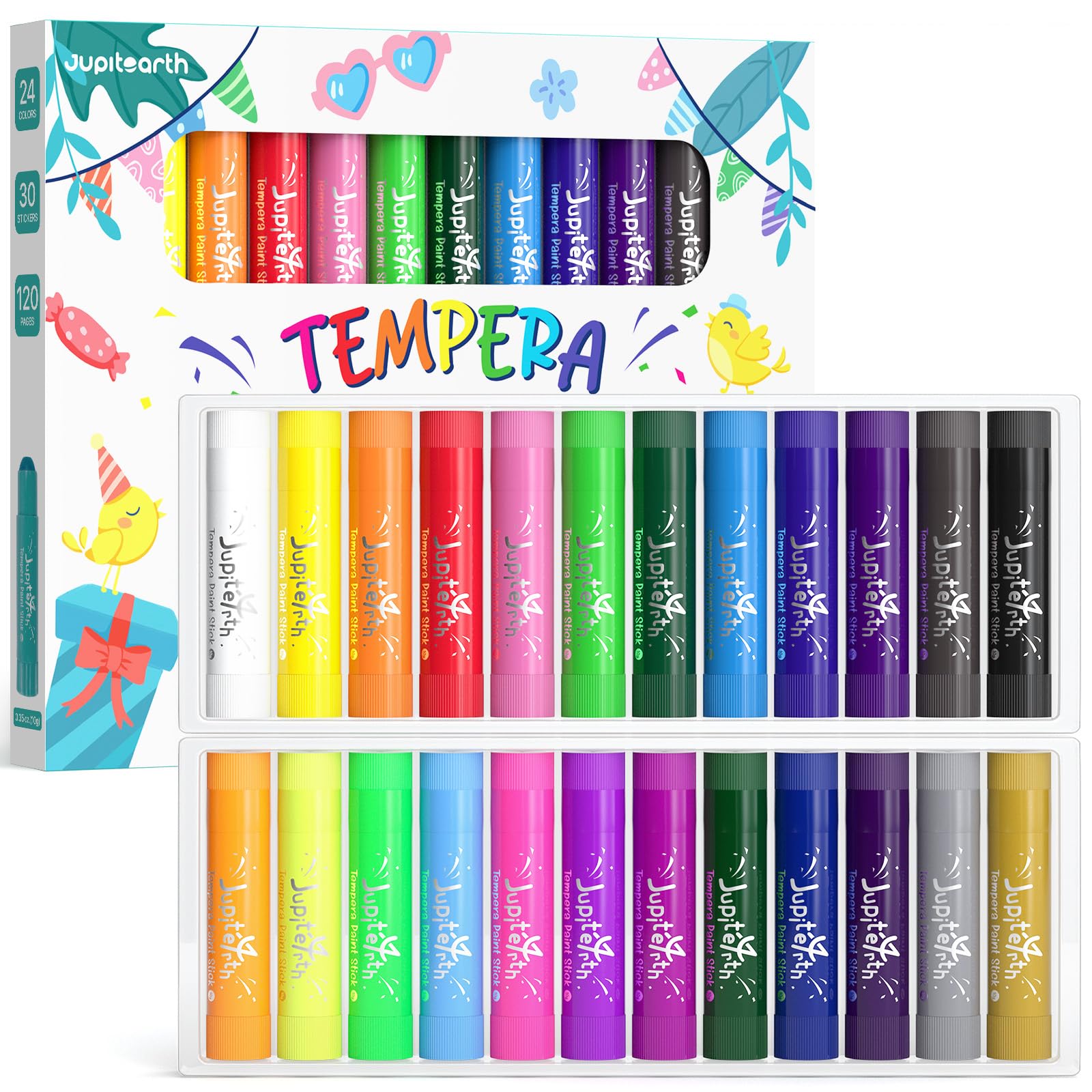 JUPITEARTH tempera paint sticks in 24 colors for smooth kid-friendly coloring on paper