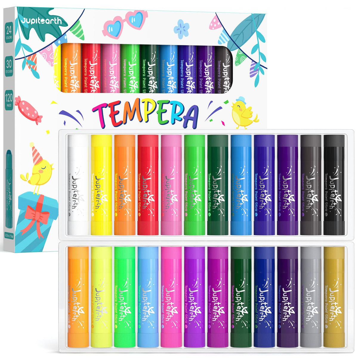 JUPITEARTH tempera paint sticks in 24 colors for smooth kid-friendly coloring on paper