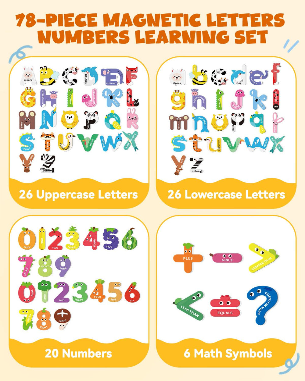JUPITEARTH Uppercase and lowercase letters magnets support letter recognition.