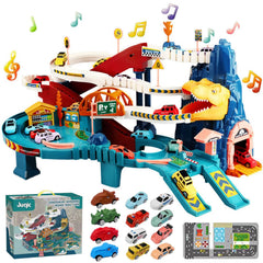 Juqic dinosaur hill track with ramp and cars for imaginative play and motor skill growth.