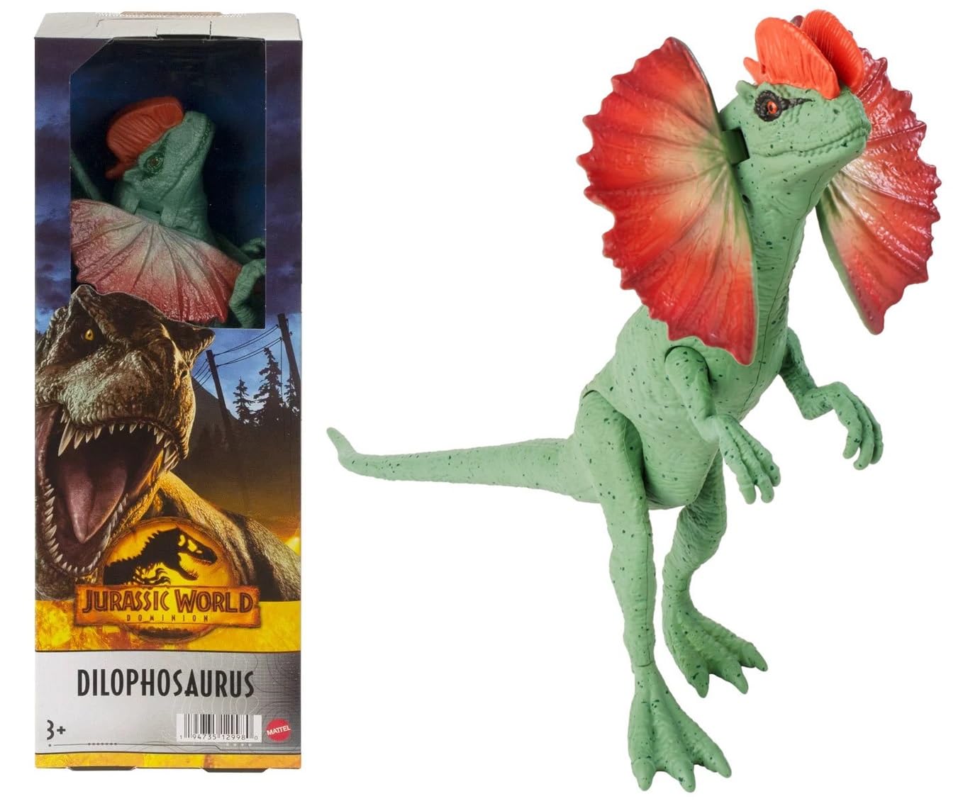 Jurassic World Dilophosaurus Dominion 12-inch action figure with poseable stance for imaginative play.