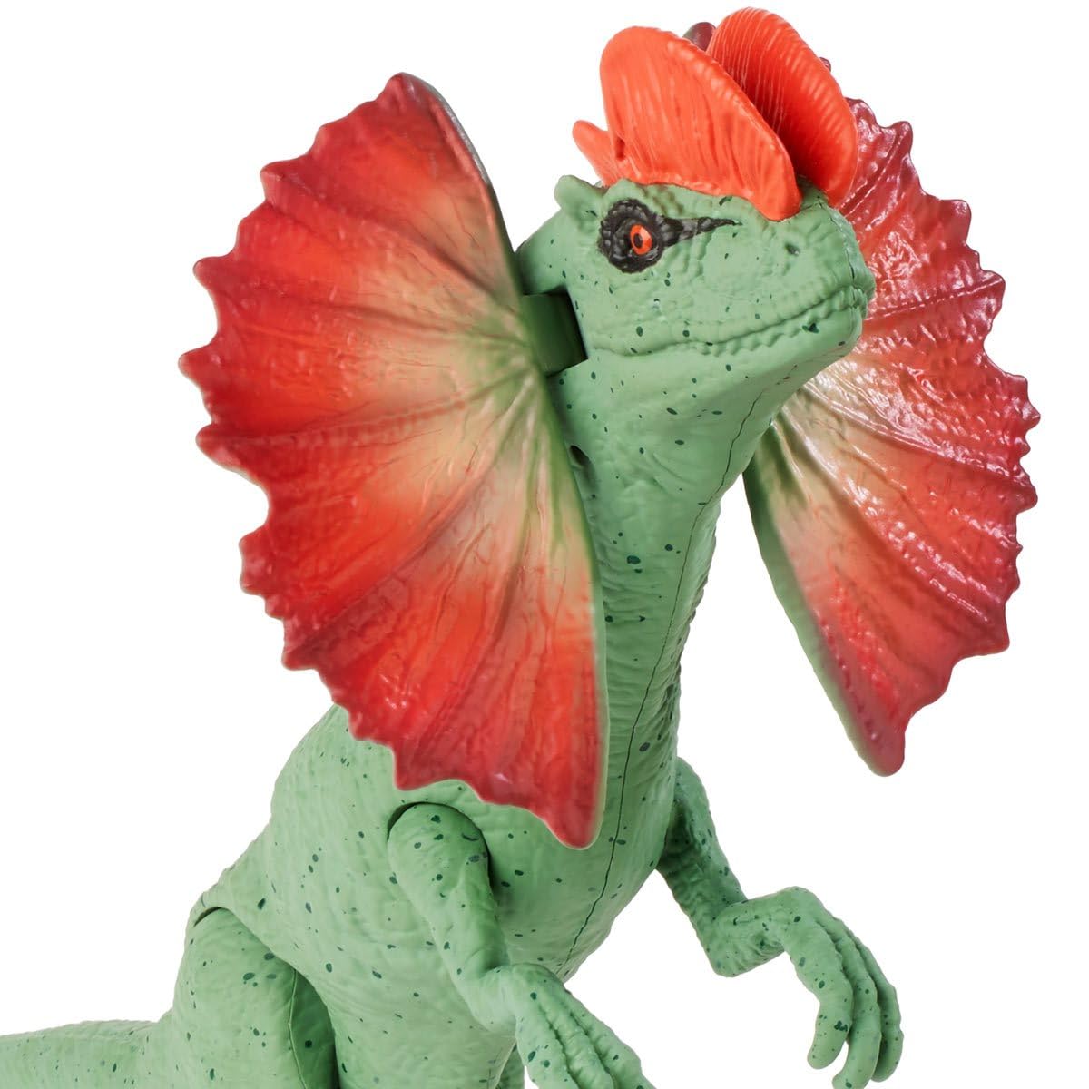 Jurassic World Dilophosaurus Dominion action figure in dynamic attack pose ideal for battles.