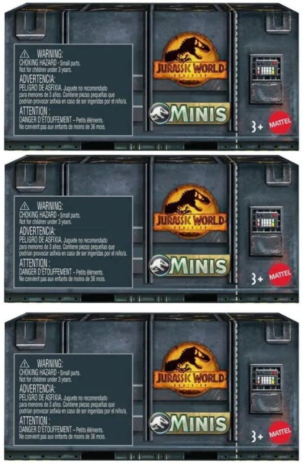 Jurassic World Dominion Minis three mini dinos in a sealed box for collection and play.