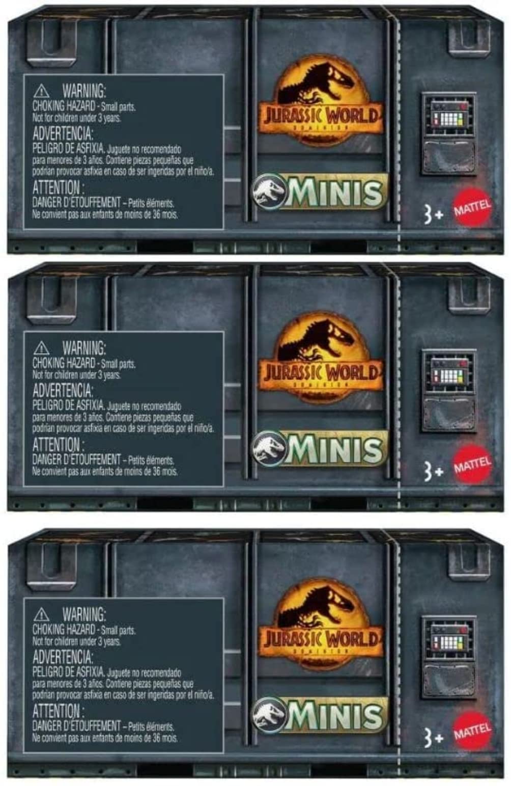 Jurassic World Dominion Minis three mini dinos in a sealed box for collection and play.