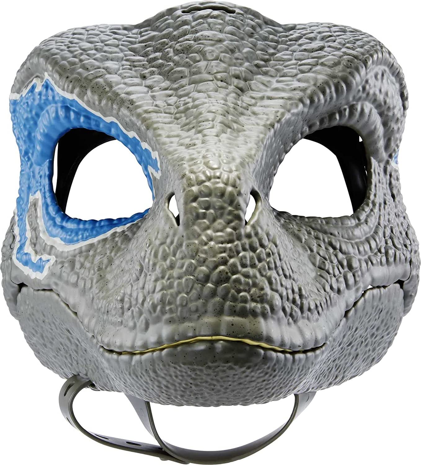 Jurassic World Velociraptor Blue mask worn for cosplay and everyday play.