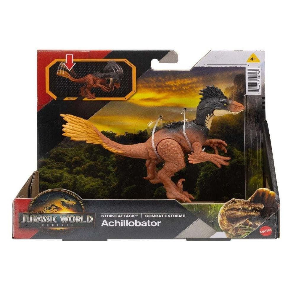Jurassic World Rebirth Strike Attack Achillobator figure with posable joints for imaginative play.