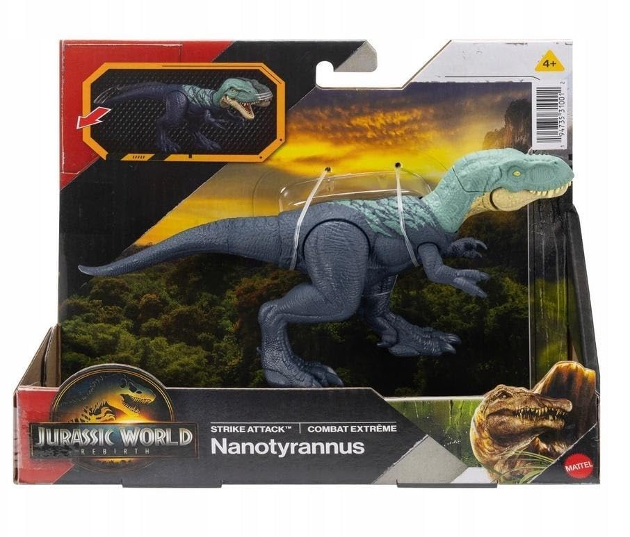 Jurassic World Rebirth Strike Attack Nanotyrannus toy with single strike action and movable joints.
