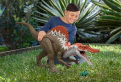 Jurassic World Spinosaurus figure, side view, dramatic scale for action play
