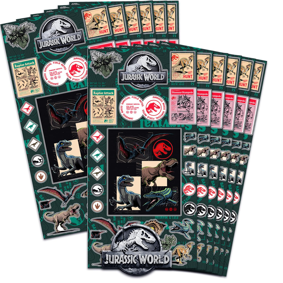 Jurassic World sticker sheet with dinosaurs, ideal for party favors and kid activities.