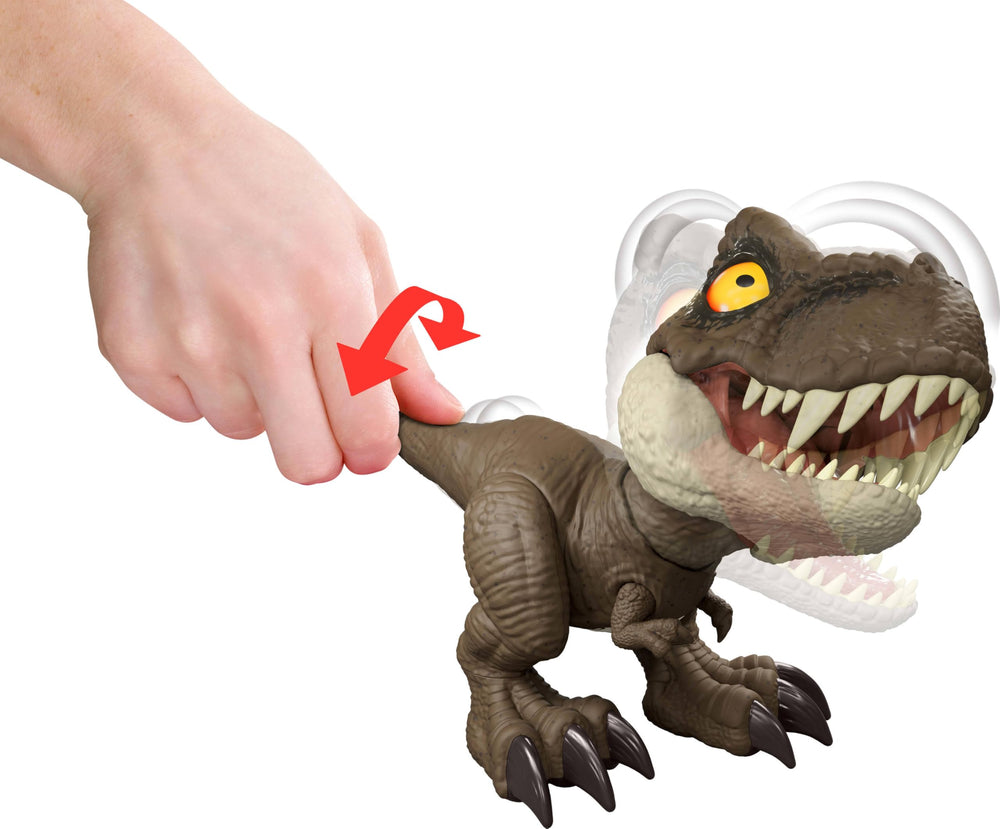 Jurassic World tail-twist-attack showcases multi-direction action and roaring sounds.