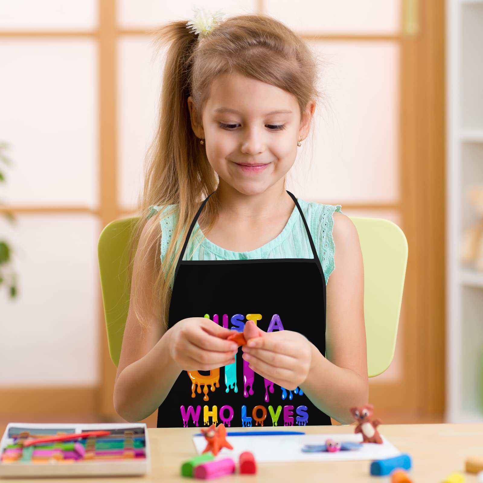 Just A Girl Who Loves Slime Apron child wearing showing vibrant print
