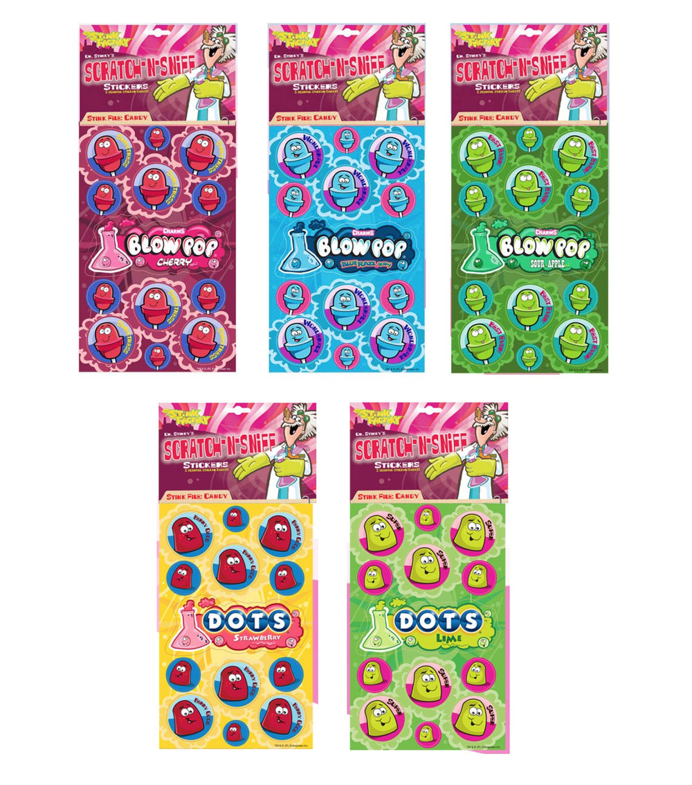 Just For Laughs Dr. Stinky's Blow Pop Cherry sticker shows scent release for playful fun.