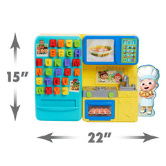 Just Play CoComelon Learning Kitchen refrigerator doors provide storage space.