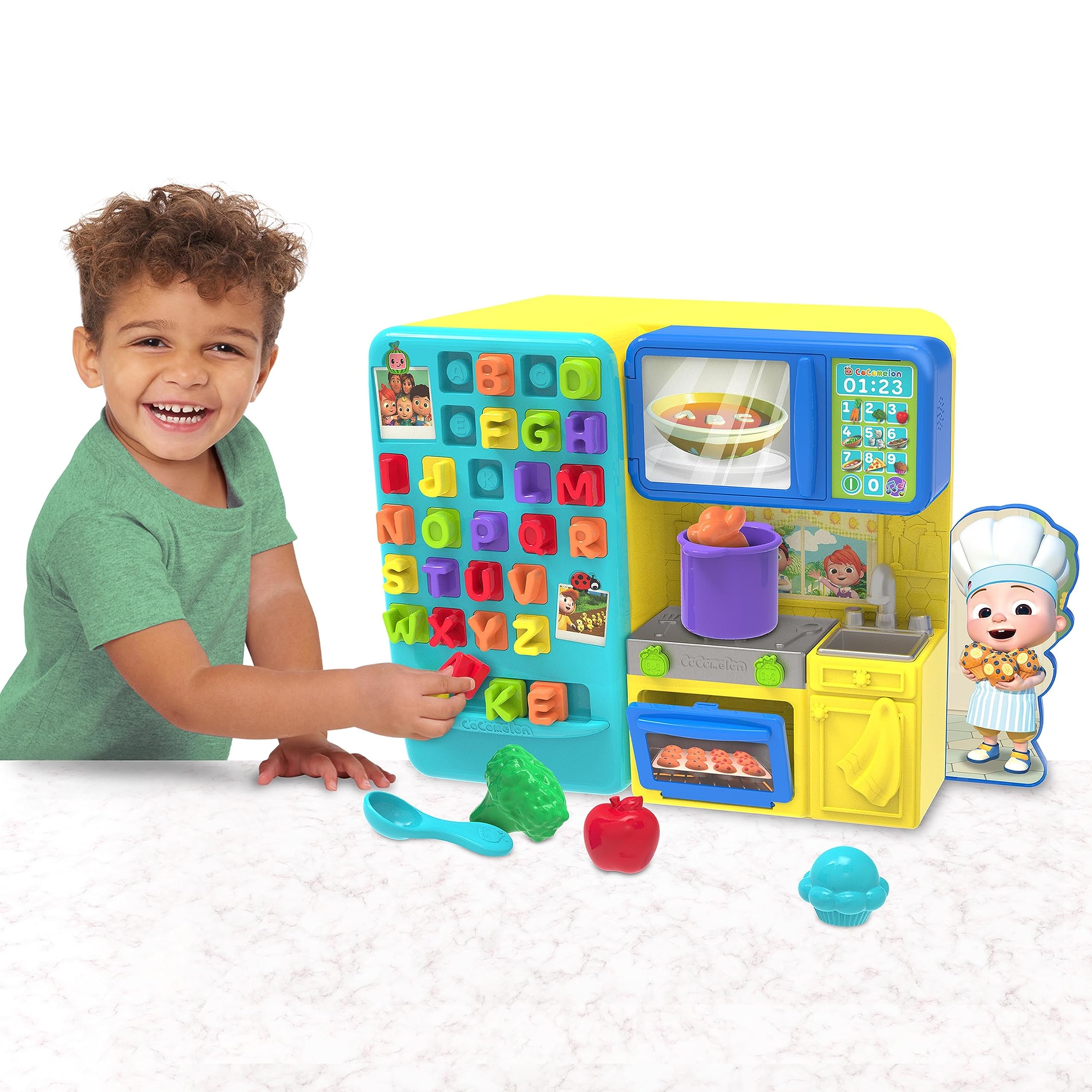 Just Play CoComelon Learning Kitchen stovetop music button plays songs.