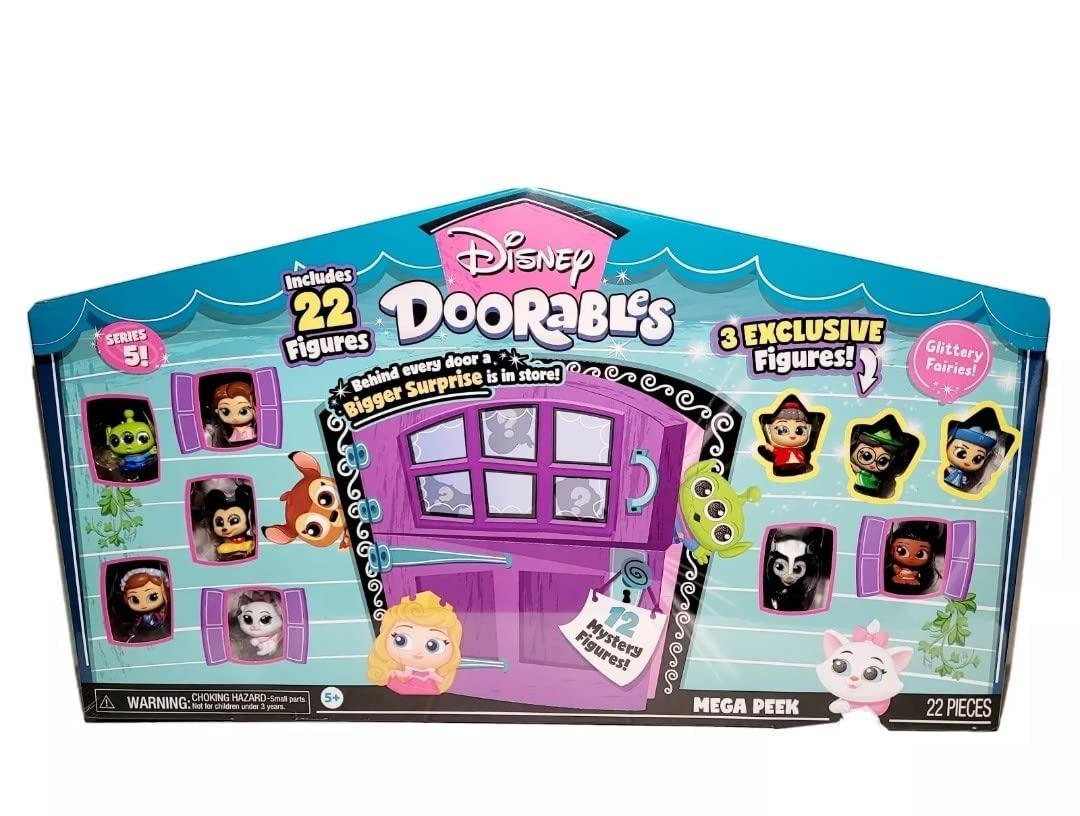 Just Play Disney Doorables Series 5 Mega Peek Pack front view with bright packaging and curiosity.